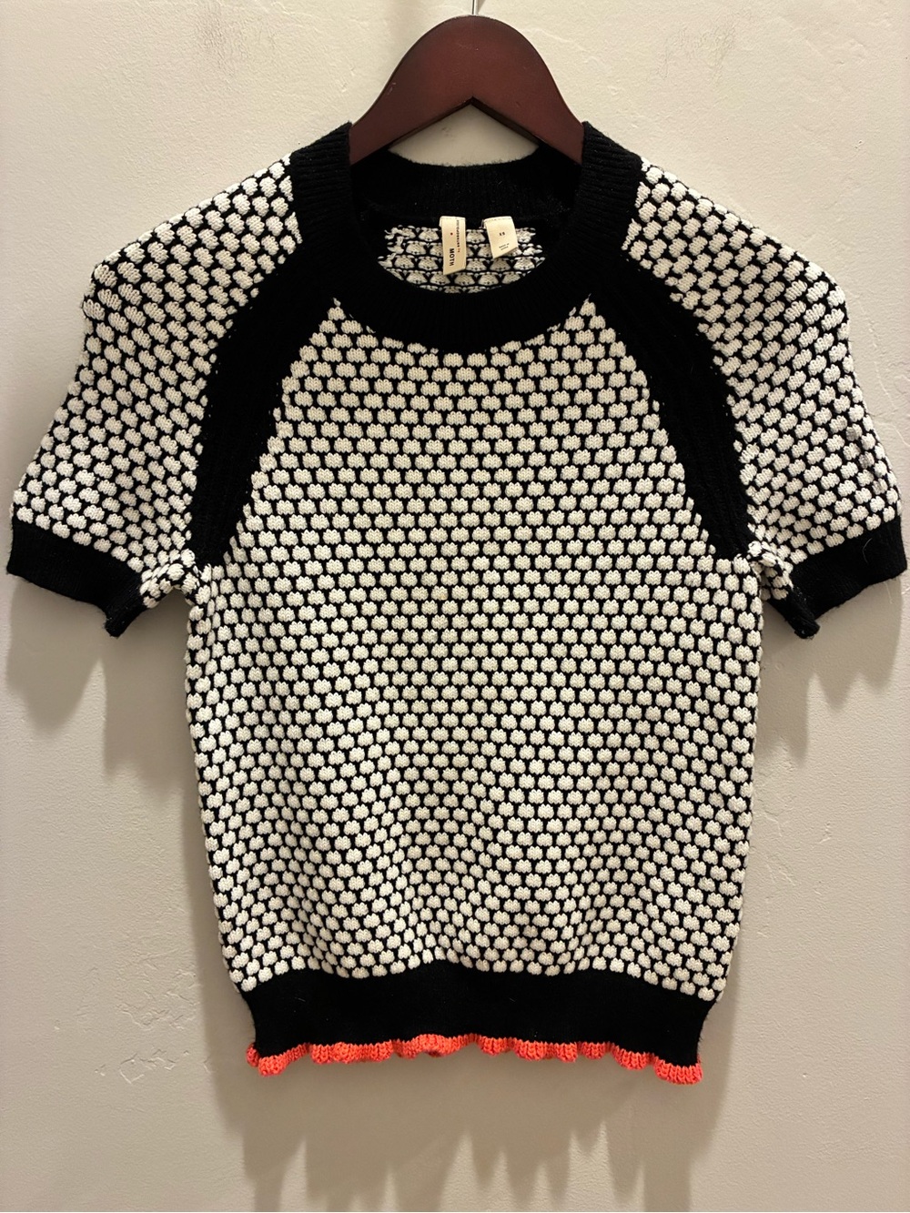 Anthropologie Black & White Knit Short-Sleeve Top with Coral Edge